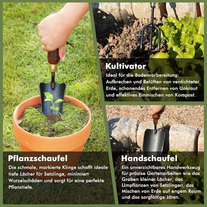 Набір садових інструментів RESTMO (3 предмети) лопата, сапа та вила з вуглецевої сталі з дерев'яними ручками. Ідеальний подарунок для садівників