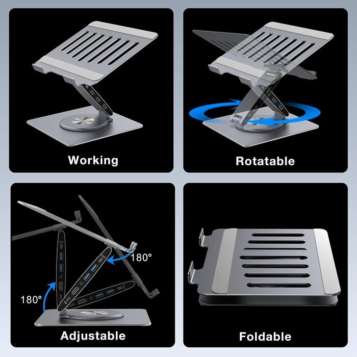 Регульована підставка для ноутбука з док-станцією 9-в-1, алюмінієвий підйомник для ноутбука з USB-хабом, поворот на 360, підтримка двох моніторів 4K60Hz HDMI, 3 шт. USB 3.0, зарядка 100W PD, для MacBook Pro Air/Dell багатофункціональна підставка з USB-хаб