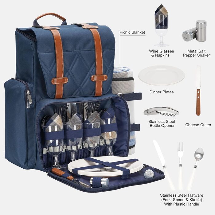 Рюкзак для пікніка на 4 особи з великою ізольованою сумкою-холодильником, набором кошика для пікніка з сумкою для вина, водонепроникною ковдрою для пікніка та набором столових приборів. Ідеально підходить для кемпінгу, весільний подарунок для пар, синій.