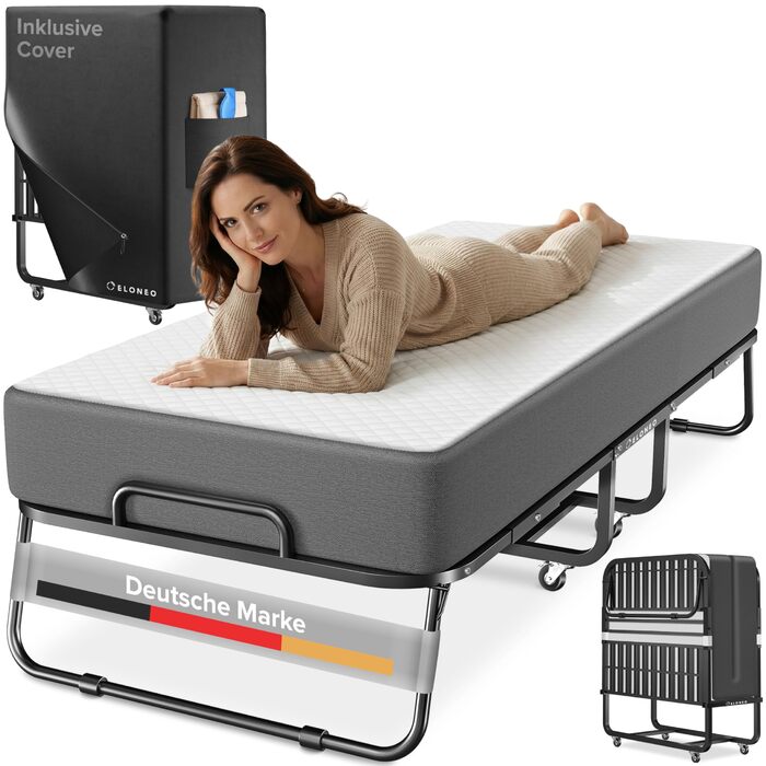 Розкладне ліжко ELONEO 90x200 см, включаючи преміум-матрац Розкладне гостьове ліжко, вантажопідйомність до 250 кг Розкладне дорожнє ліжко з металевим каркасом та транспортними колесами Настінне ліжко, включаючи захисний чохол, розкладне ліжко 90x200 см з 