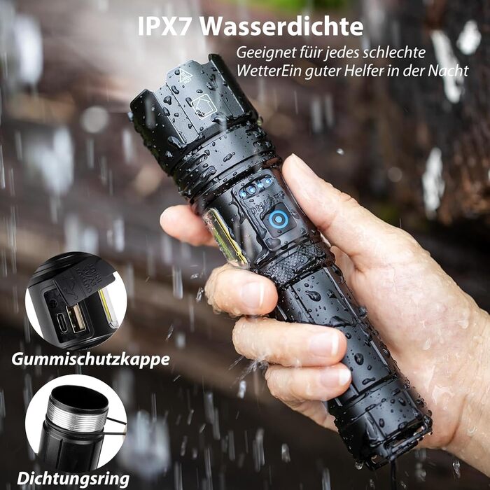Акумуляторний світлодіодний ліхтарик, 1000000 люмен, надзвичайно яскравий світлодіодний ліхтарик з USB-акумулятором, 7 режимів світла, тактичний ліхтарик, водонепроникний ліхтарик IPX7 для кемпінгу та походів