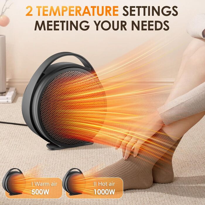 Енергозберігаючий електричний вентилятор-обігрівач, керамічний вентилятор-обігрівач PTC потужністю 1000 Вт, невеликий електричний обігрівач, термостат, захист від перегріву та перекидання, 2 режими, електричний обігрівач для вітальні, спальні, офісу
