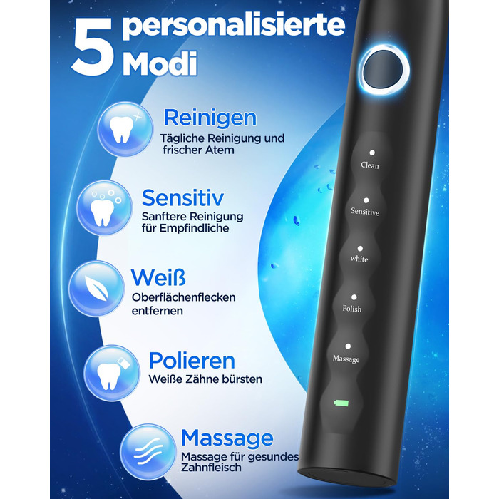 Електрична зубна щітка з 8 насадками (3 типи), звукова зубна щітка для дорослих, з таймером, до 120 днів роботи від акумулятора, 5 режимів чищення, дорожній футляр, настільна зарядна станція, колір чорний