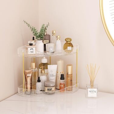 Органайзер для макіяжу Lifewit, органайзер для туалетного столика, міцна кутова багатофункціональна полиця для парфумів/засобів догляду за шкірою/гелю для душу у ванній кімнаті, кухні, спальні, прозорий, 2 рівні (25,4 см заввишки)