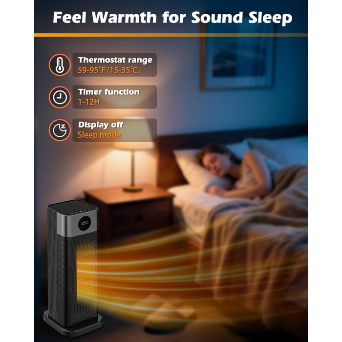 Енергозберігаючий вентилятор-обігрівач, керамічний вентилятор-обігрівач PTC потужністю 2000 Вт, кімнатний обігрівач з термостатом, дистанційним керуванням, коливаннями 70, таймером 12 годин, захистом від перегріву та перекидання, електричний обігрівач для