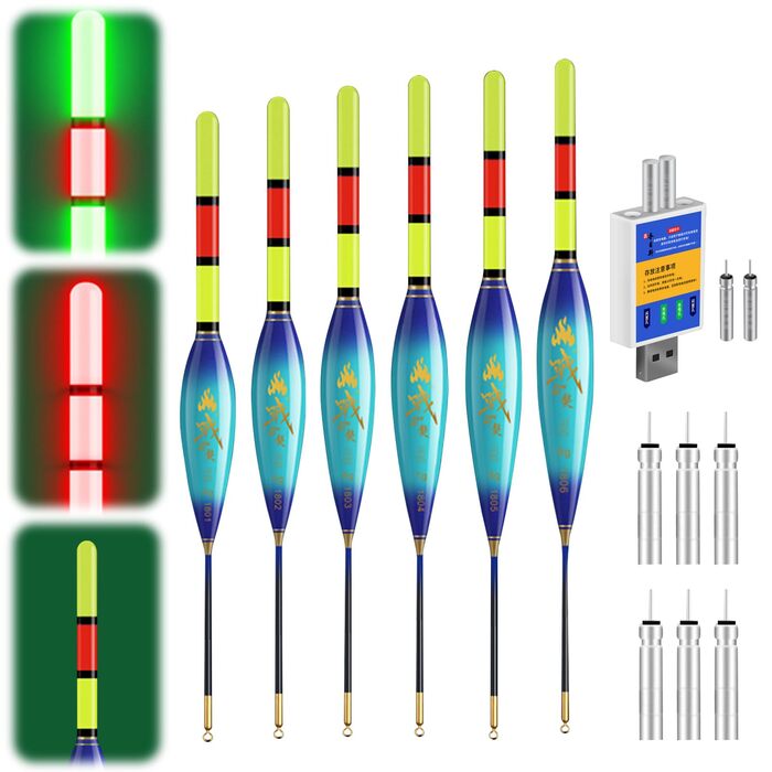 Світлодіодний поплавковий риболовний набір з індикатором клювання, двоколірний нічний рибальський буй, поплавці з підсвічуванням, плавучість 4 г/5 г/6 г/7 г/8 г/9 г, в комплекті акумулятори та зарядний пристрій, рибальські аксесуари для річок та озер 4 г/