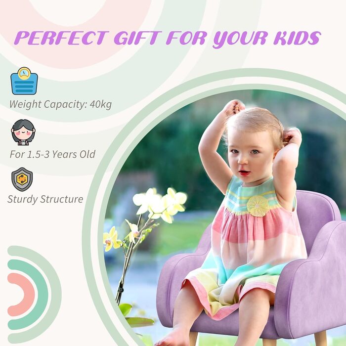 Дитяче крісло ZONEKIZ Дитяче крісло з підлокітником, дерев&39яний каркас, оксамит, ніжки ПП, форма хмари, для 1,5-3 років - фіолетове