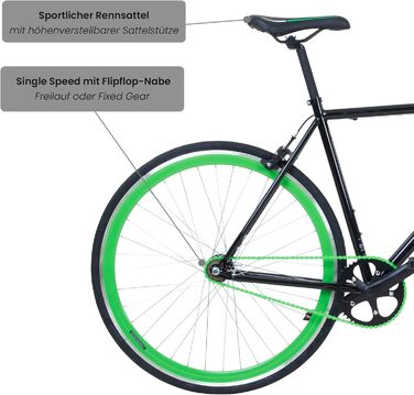 Велосипед Galano Blade Fixie для чоловіків та жінок, зріст 165-195 см, ретро-велосипед з однією швидкістю, 28-дюймові колеса, різні розміри, міські велосипеди з фліп-флоп втулкою, шосейний велосипед, міський велосипед, чорний/зелений, рама 53 см