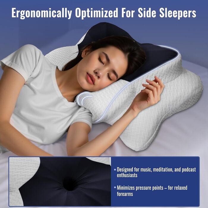 Подушка для шиї BESTISAN, ергономічна подушка для сну на боці з піни з ефектом пам&39яті для сну на боці, спині та животі зі знімним чохлом, темно-синя