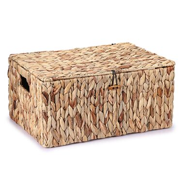 Натуральний кошик для зберігання речей з водяного гіацинта та морської трави. Плетена водонепроникна коробка для зберігання з кришкою. Для використання у вітальні, кухні, шафі для одягу, книг, фруктів, овочів та косметики. 40 x 28 x 19 см.