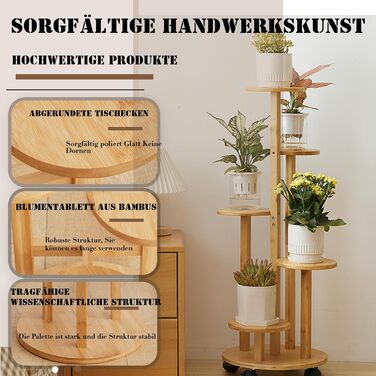 Бамбукова підставка для квітів на колесах, 5-ярусна підставка/стійка для квітів на балкон, шасі Ø31,5 см * верхня полиця Ø19 см * висота 88 см, полиця для рослин для використання на вулиці, легко переміщується (колір дерева), 5-ярусна підставка для рослин