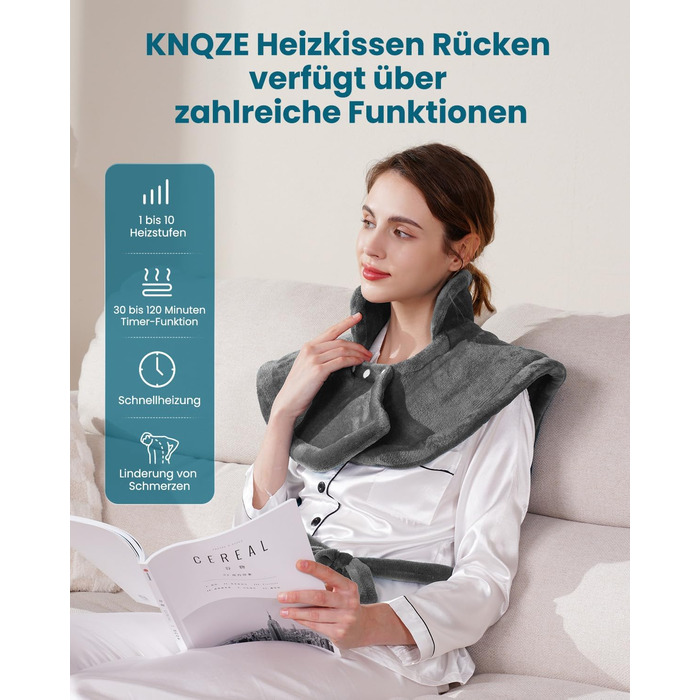 Обтяжена нагрівальна ковдра KNQZE, грілка з 10 рівнями нагріву, 4 таймери для спини, плечей та шиї, мийна нагрівальна подушка від болю в спині та шиї, подарунок на день народження для жінок (сіра)