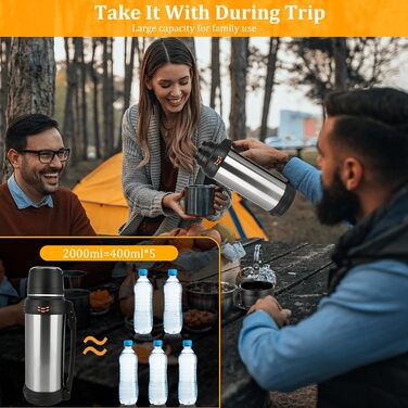 Вакуумно-ізольована пляшка місткість 2 л, металева пляшка для води з нержавіючої сталі для гарячих та холодних напоїв, термопляшка з чашкою без бісфенолу А, портативна дорожня пляшка для води з ручкою для перенесення, 2000 мл