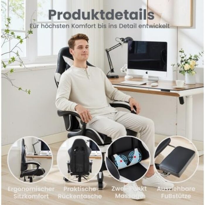 Ігрове крісло з поворотом на 360, ергономічне офісне крісло, регульоване по висоті з підставкою для ніг офісне крісло з підголівником та поперековою подушкою, гоночний дизайн, висока шкіряна спинка для офісу та ігор, білий/чорний