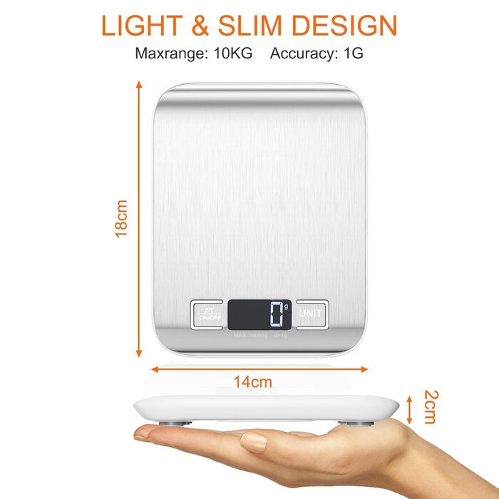 Кухонні ваги Fousenuk 10кг/1г електронні, цифрові ваги з нержавіючої сталі з РК-дисплеєм і функцією тари, точне автоматичне вирівн