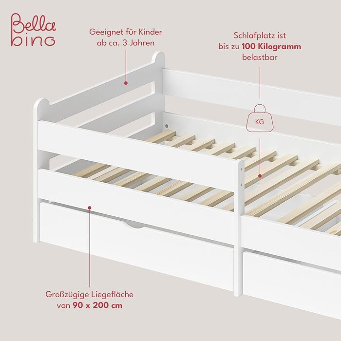 Дитяче ліжко Bellabino Kuru 90x200 з 2 висувними шухлядами, односпальне дитяче ліжко з захистом від випадіння та рейковою рамою, д