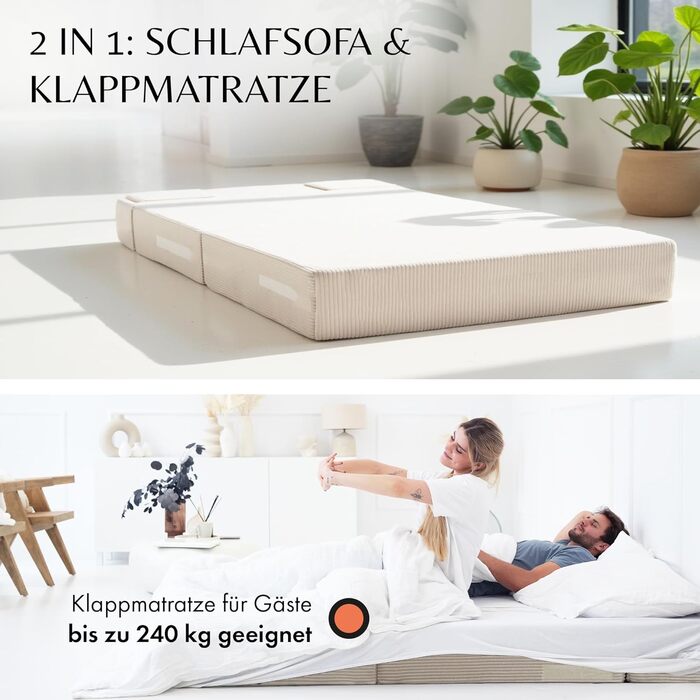 Вельветовий диван Розкладний диван-ліжко шириною 140 см, розкладний диван-ліжко та гостьовий матрац для 2 осіб, розкладний диван-ліжко надзвичайно товстий 19 см та комфортний рівень жорсткості H3 ідеально підходить для гостей та щоденного використання про