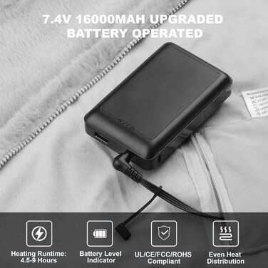 Бездротова ковдра з підігрівом 160x90 см з акумулятором 16000 мАг, фланелева електрична ковдра з підігрівом та 6-зонним обігрівом, 3 налаштування температури, ковдра з підігрівом, яку можна прати, для дивана, офісу, автомобіля, кемпінгу (сіра)