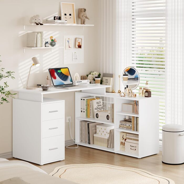 Кутовий письмовий стіл FirFurd з подовжувачем, L-подібний комп&39ютерний стіл з книжковою полицею та шухлядами, кутовий стіл з місцем для зберігання, ПК-стіл для навчання/домашнього офісу, 129 x 104 x 76 см, білий