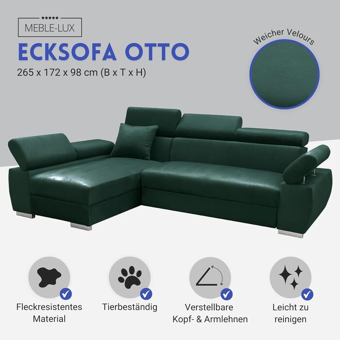 Кутовий диван OTTO, кутовий диван з функцією сну, пружинний каркас, регульовані підголівники, легкий механізм складання, функція ліжка, додаткове місце для зберігання, плюшевий зелений, лівий шезлонг зелений