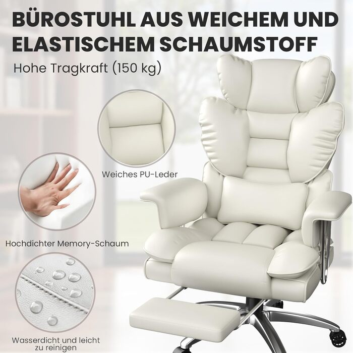 Офісне крісло naspaluro з підставкою для ніг, ергономічне робоче крісло з висувним підголівником, велике крісло керівника зі штучної шкіри з високою спинкою, комп&39ютерне крісло для домашнього офісу, біле 77 см * 66 см * 134 см
