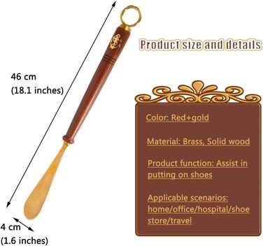 Ріжк для взуття для жінок, людей похилого віку, домашнє господарство, ретро-ріжк для взуття із середньою та довгою ручкою, латунний помічник для взуття з ампутованими кінцівками з круглим гачком, простий у використанні гладкий черевик червоний золото 46 *