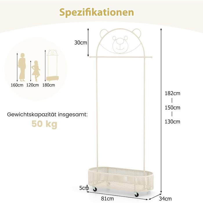 Вішалка для дитячого одягу GOPLUS, дитяча вішалка для одягу з вішалкою та полицею, дитяча вішалка для одягу з 3-ма регульованими в
