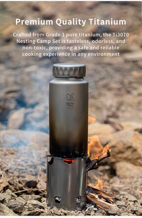 Набір для гніздування Keith Titanium Ti3070 - надлегка титанова пляшка, чашка та дров&39яна піч без пластику з полотняною сумкою для перенесення - міцний, портативний та екологічно чистий для кемпінгу, походів та