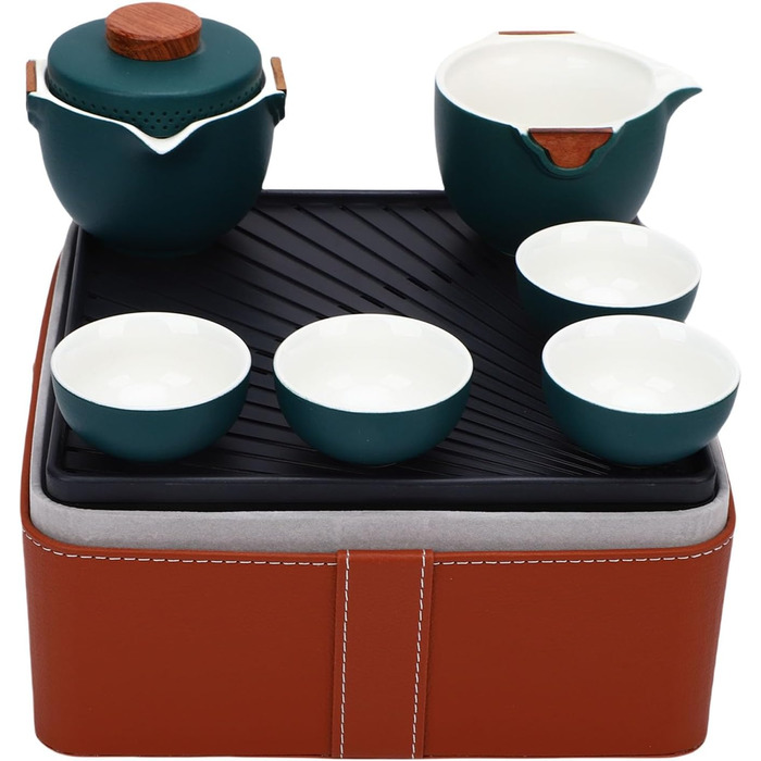 Набір для чаювання в стилі гунфу, преміальна кераміка, портативне зберігання, дорожній набір для чаю. Темно-зелений керамічний чайник з чашками та скринькою для чаю для подорожей, дому та офісу