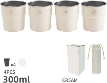 Набір із 4 шт. абельованих туристичних кухлів з нержавіючої сталі об&39ємом 300 мл, кухлі з нержавіючої сталі 304 для кемпінгу, походів та пікніків, зелений, кремовий, білий, чорний та темно-синій кольори