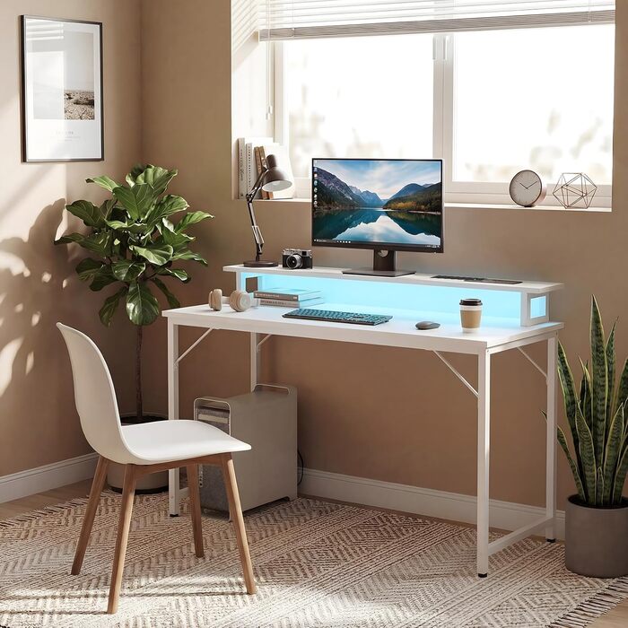 Комп&39ютерний стіл, ігровий стіл 120x50 см з RGB LED-підсвічуванням, стіл з розеткою, комп&39ютерний стіл з підставкою для монітора, маленький стіл для невеликих приміщень, кабінет, спальня, офіс, білий, 120 см