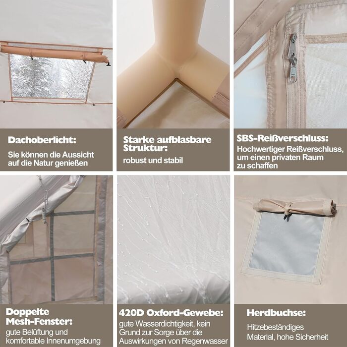 Надувний кемпінговий намет з димохідним отвором та мансардним вікном, надувний намет для 2-10 осіб з повітряним насосом, надувний намет з водонепроникної тканини Оксфорд для всіх сезонів, швидке встановлення, повітряні намети для 2-4 осіб/300 см x 210 см 