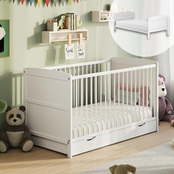 Дитяче ліжечко-трансформер 70x140 з шухлядою та матрацом, ліжечко, дитяче ліжко, регульована висота та знімні поручні інші розміри 60x120 см 70x140 см від народження до 6 років, біле 70x140 см з шухлядою / з матрацом