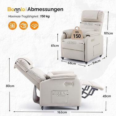 Крісло Bonnlo Recliner, крісло для телевізора, електричне масажне крісло з функцією відкидання, крісло для телевізора, 2-точковий масаж та функція підігріву, порти USB-C та USB-A, 1 бічна кишеня, шкіра, стійка до подряпин, бежевий колір