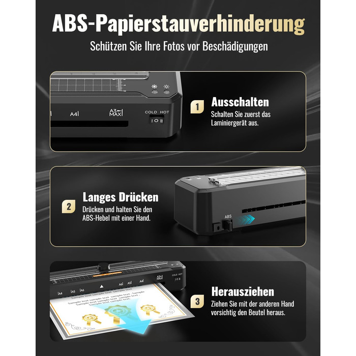 Ламінатор для паперу формату A3, A4, A5, A6 та A7 з різаком для паперу Закруглені кути Ламінувальні пакети на 15 аркушів, захист від застрягання з ABS-пластику Робота в гарячому та холодному режимі Розумний захист Ламінатори для дому, школи та офісу Чорни