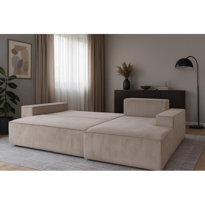 Диван Selsey Кутовий диван Кутовий диван Розкладний диван Диван-ліжко з місцем для зберігання Функція сну Легко чиститься Поліуретанова піна L-подібна правильна Фарез Бежевий Вельветовий вигляд Кутовий диван правий бежевий