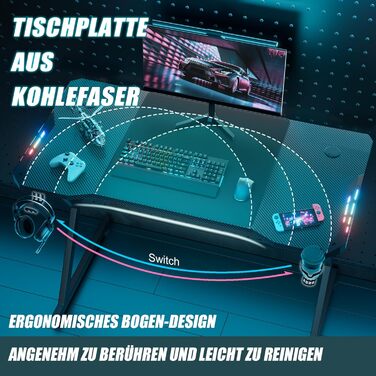 Ігровий стіл HLONONE LED 120 x 60 см, ігровий стіл зі світлодіодами, стійкий стіл для ПК з покриттям з вуглецевого волокна, геймер