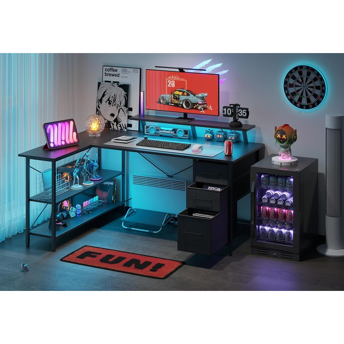 Г-подібний письмовий стіл з 3 тканинними шухлядами, 140 x 80 см. Двосторонній кутовий письмовий стіл з підставкою для монітора, розеткою та USB-портом для зарядки для домашнього офісу, чорний.