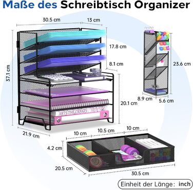 Рівневий настільний органайзер металевий лоток для листів з 4 плоскими та 3 кутовими лотками, тримач для паперу та документів зі знімним тримачем для ручок, компактний офісний органайзер, чорний, 7-