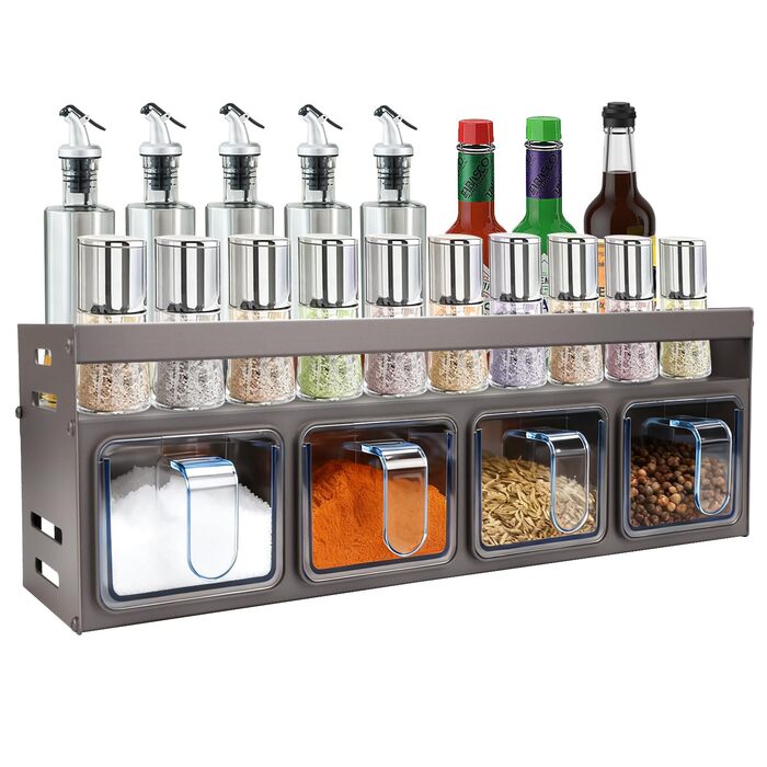 Підставка для спецій з банками для спецій, окремостояча та настінна підставка для спецій, банки для спецій з полицею, підвісна підставка для спецій (не потребує свердління) з 4 коробками для спецій, тонкий металевий органайзер для спецій на кухонну стільн