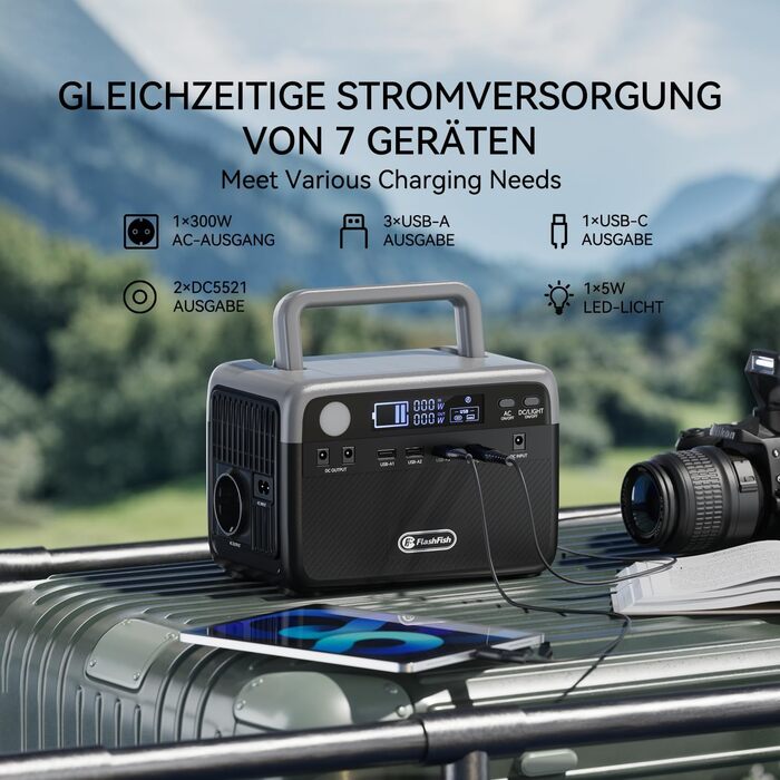 Портативна електростанція FlashFish 230,4 Втгод із сонячною панеллю 100 Вт, літій-фільтр-полімерним акумулятором 300 Вт (пікова потужність 600 Вт) з 2 портами постійного струму, 4 портами USB, світлодіодними ліхтарями, мобільний блок живлення для кемпінгу