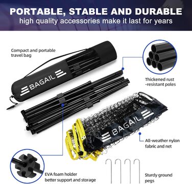Сітка для бадмінтону BAGAIL, складна нейлонова сітка, регульована по висоті підставка та сумка для перенесення, легко встановлюється та знімається, ідеальна спортивна сітка для тенісу, бадмінтону або волейболу, 3M жовтий/чорний