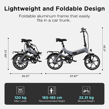 Складаний електровелосипед 16 дюймів, Електричний велосипед з акумулятором 36 В/7,8 Аг, Двигун 250 Вт 25 км/год, Запас ходу 35-70 км, Міський складаний електровелосипед Pedelec для дорослих та молоді, сірий