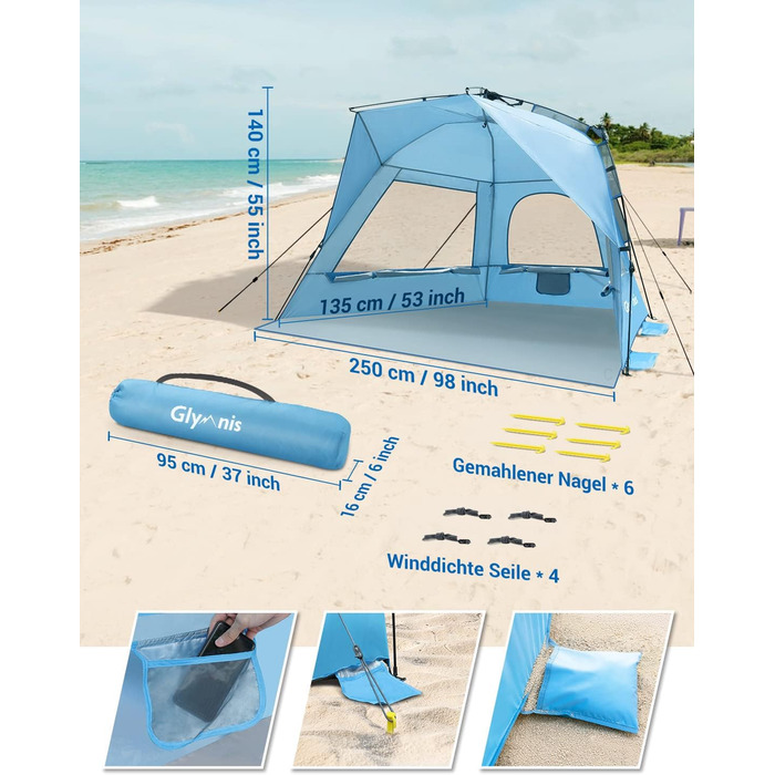 Пляжний намет Glymnis Quick Up, автоматичний пляжний намет, захист від ультрафіолету 50, вітрозахисний, сонцезахисний козирок із системою швидкого складання, невеликий розмір у пакуванні, для 4-5 осіб, синій, BT-ZD02-B, з подовжувальною підлогою