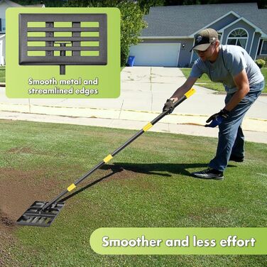 Вирівнювальна граблі для газону, 43,2 x 25,4 см, інструмент для вирівнювання газонів, з ергономічною ручкою, міцні вирівнювальні граблі для газону, подвір'я, саду, гольф-поля, для легкого вирівнювання землі, ґрунту, піску - 1,8 м