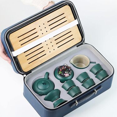 Набір для чаювання Смарагдова подорож, китайський чайний сервіз, портативний набір для чаю Кунг-Фу, 7 предметів у кейсі