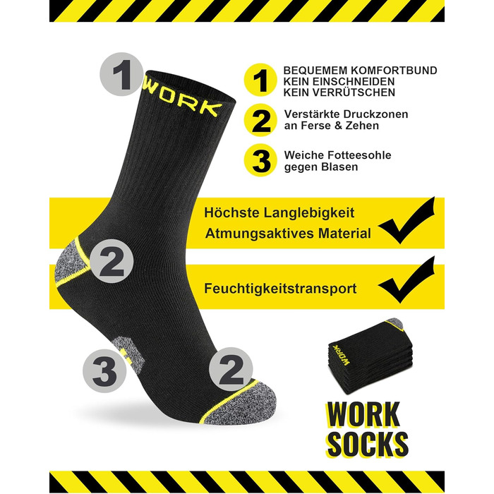 Пар чоловічих робочих шкарпеток, посилені термошкарпетки з підкладкою, дихаючі функціональні шкарпетки з комфортною манжетою, довгі робочі шкарпетки розмір 43-46, чорні, 10