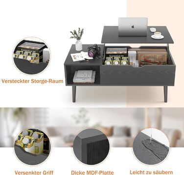 Журнальний столик Sweetcrispy з регульованою висотою, стіл для вітальні, журнальний столик з відкритим та прихованим місцем для зберігання, журнальний столик-диван, бічний столик, дерев&39яний столик-диван 100 x 50 см для вітальні, чорний/темно-чорний