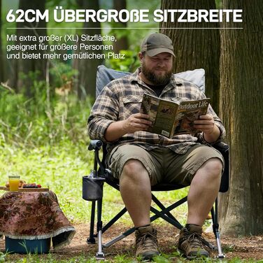Складаний кемпінговий стілець EVER ADVANCED, вантажопідйомність 230 кг, XL-розмір, ширина сидіння 62 см з бічною кишенею та тримачем для напоїв, великий складний стілець, рибальський стілець для кемпінгу, використання на вулиці, балкон, сад, сірий