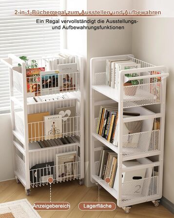 Металевий книжковий візок на колесах, вантажопідйомність 70 кг, бібліотечний візок з ручкою, 3 полиці, книжкова шафа на колесах для вітальні, спальні, офісу, бібліотеки з 3 магнітними підставками для книг білий